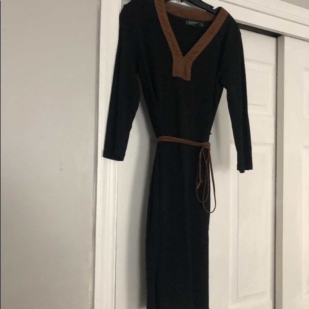 Ralph Lauren Blk Dress,BrownSuede neckline/ belt S